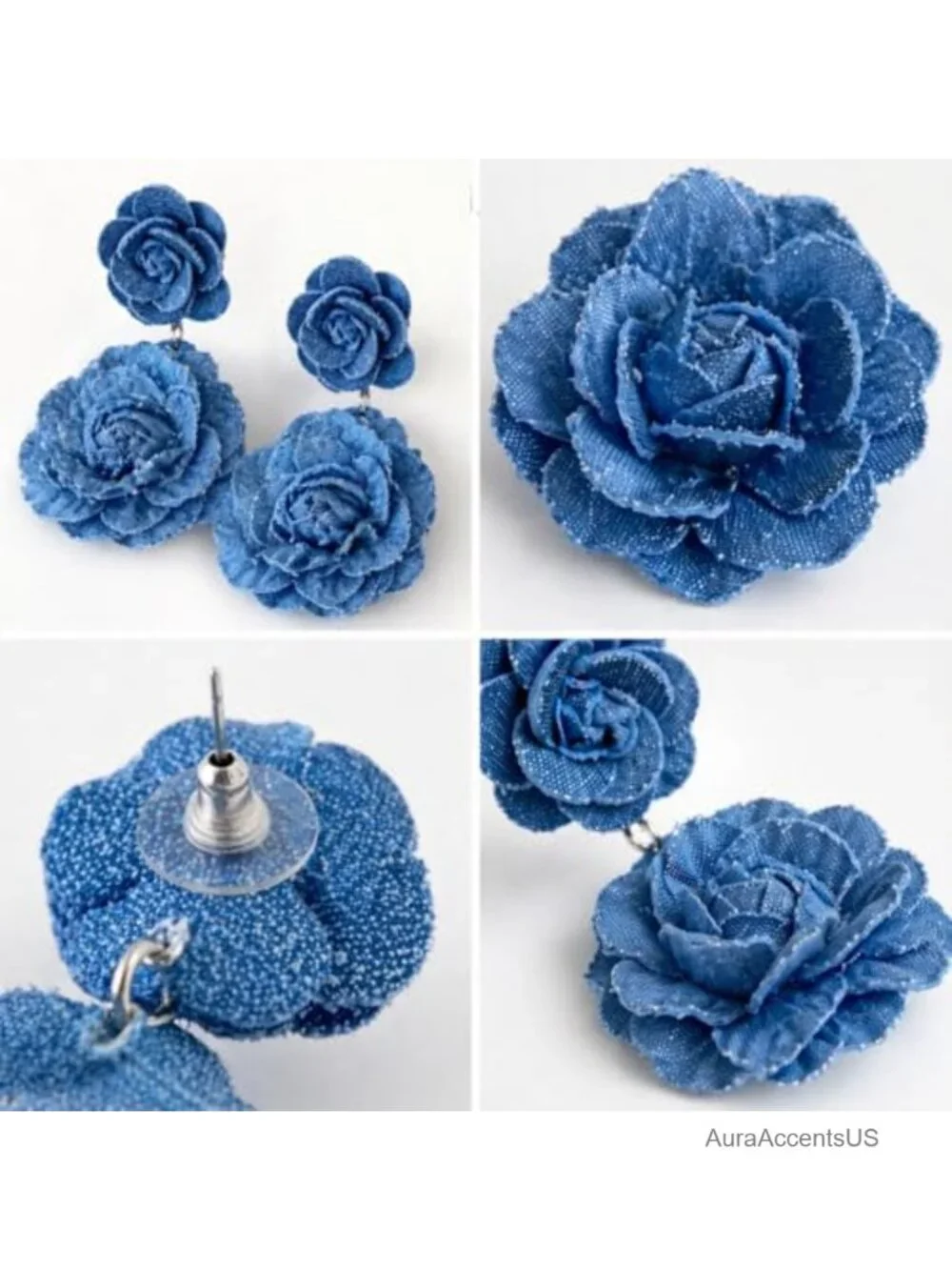 Denim Flower Statement Earrings, Boho Fabric Rose Dangle Earrings Lightweight